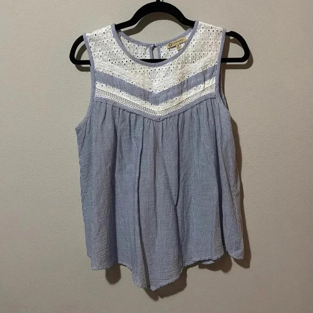 Democracy | 100% cotton blue tank with eyelet white detailing, medium. EUC
